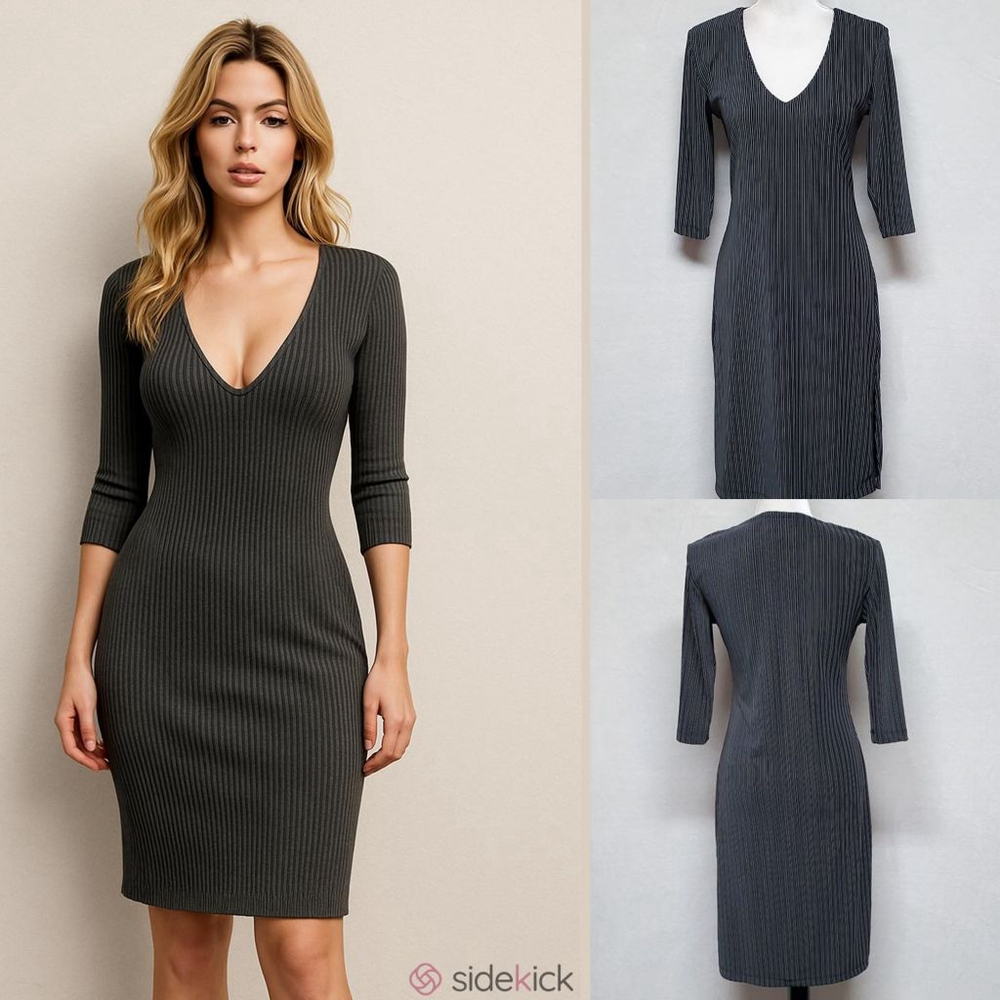 VINTAGE Moa Moa Black Pinstriped Side Slit Quarter Sleeve V-neck Sheath Dress L